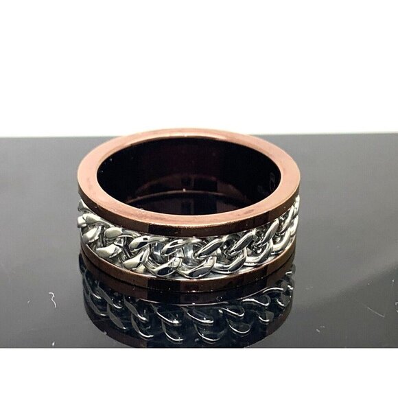 Men's Wedding Band Brown Silver Chain Style Stainless Steel 8mm Size 10 - Picture 2 of 13